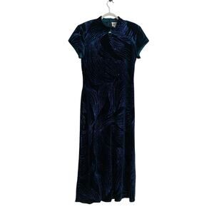Vintage Velvet Blue Turquoise Mandarin Glitter Floral Bodycon Maxi Dress Medium